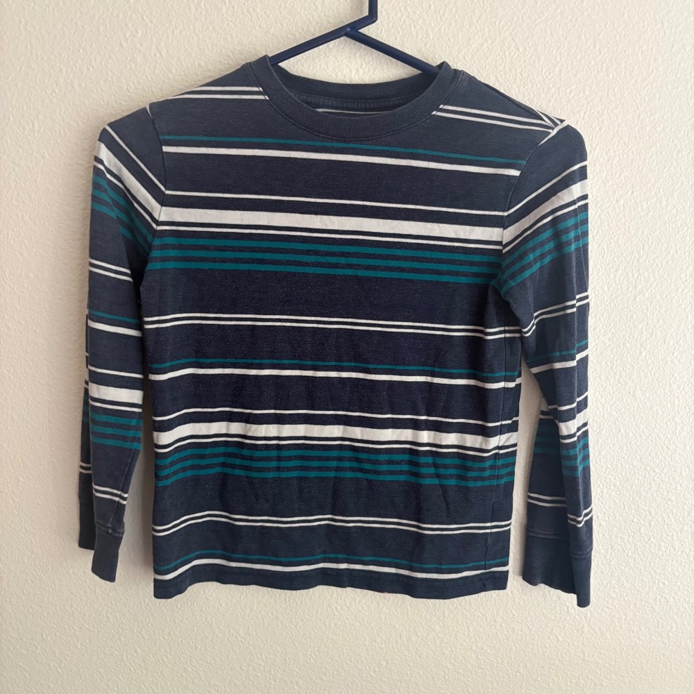 Cat & Jack Boys Navy Blue Teal Striped Long Sleeve Crew Neck Tee Size S‎ 6/7